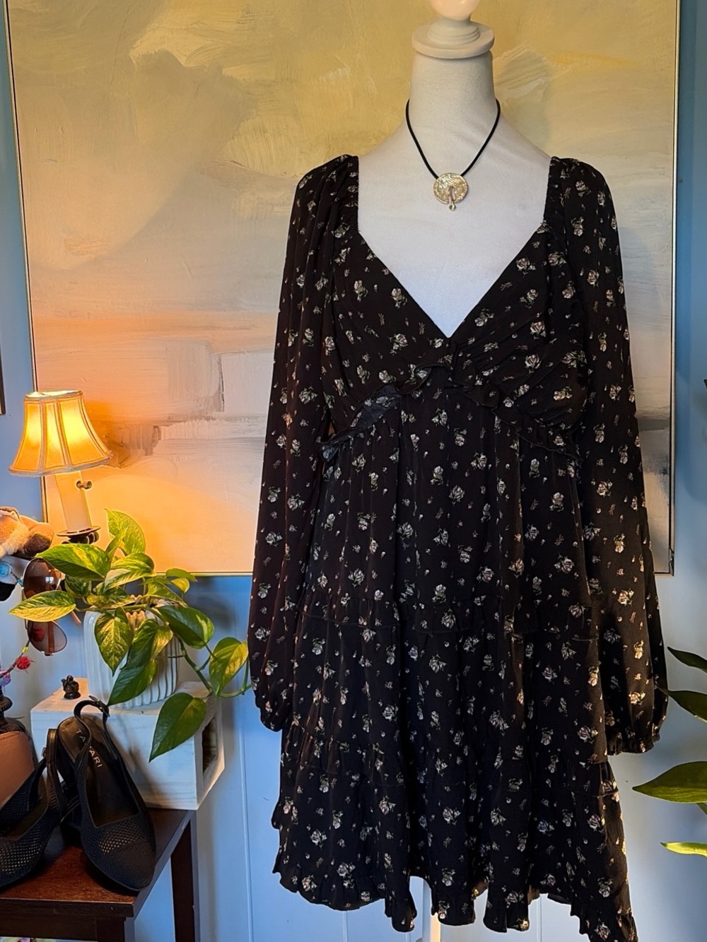Altar'd State Black Floral V-Neck Tiered Long Sleeve Dress